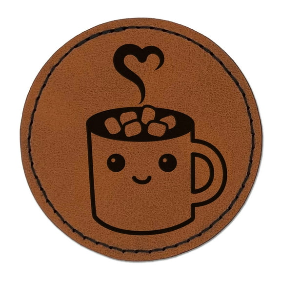 Cute Kawaii Hot Chocolate 2.5" Faux Leather Round Engraved Iron-On Patch - Brown