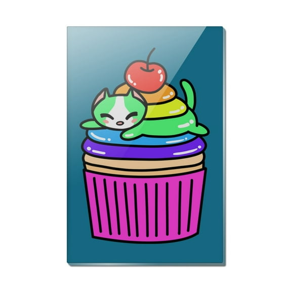 Cute Kawaii Lazy Cat in Rainbow Cupcake Rectangle Acrylic Fridge Refrigerator Magnet