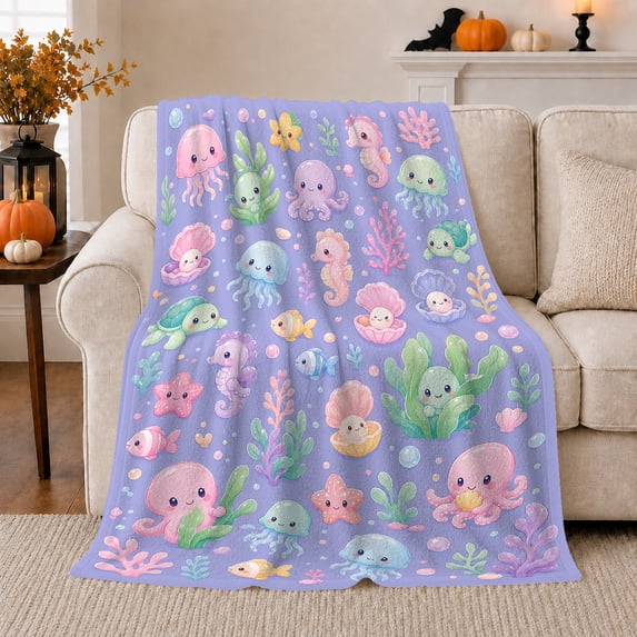 Cute Kawaii Ocean Animals Cheerful, Playful Coastal Landscape Scene, Warm Flannel Blanket for Beach House and Living Room, Beach Lovers Housewarming Gift, Coastal Home Decor