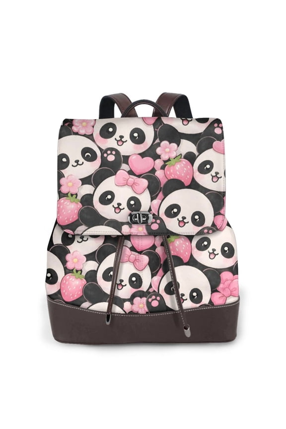 Cute Kawaii Panda Women's Leather Backpack All-Over Print Bag for Work and Travel