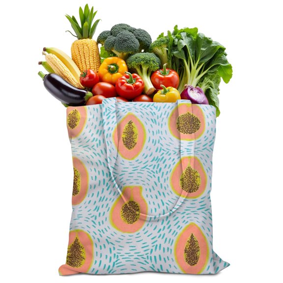 Cute Kawaii Papaya Print Fabric Tote Bag - Spacious 16x15 Foldable Reusable Shopping Bag, Durable & Machine Washable