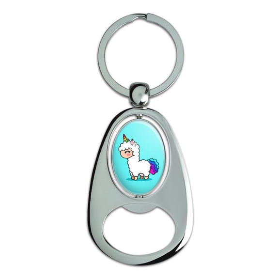 Cute Kawaii Rainbow Llama Unicorn Keychain Chrome Metal Spinning Oval Bottle Opener