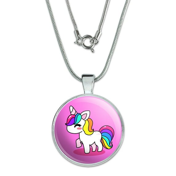 Cute Kawaii Rainbow Unicorn Chibi 1" Pendant with Sterling Silver Plated Chain
