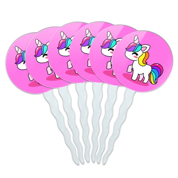 Cute Kawaii Rainbow Unicorn Chibi Cupcake Picks Toppers Decoration Set of 6