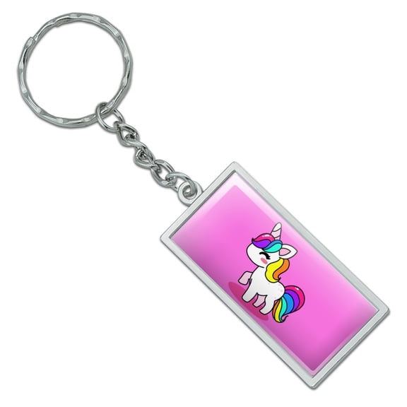 Cute Kawaii Rainbow Unicorn Chibi Rectangle Keychain in Chrome Plated Metal
