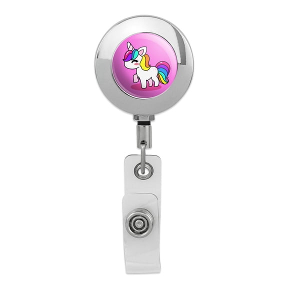 Cute Kawaii Rainbow Unicorn Chibi Retractable Reel Premium Metal Chrome Badge ID Card Holder Clip