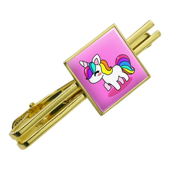 Cute Kawaii Rainbow Unicorn Chibi Square Tie Bar Clip Clasp Tack- Silver or Gold