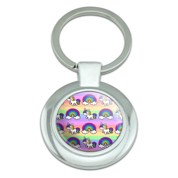 Cute Kawaii Rainbow Unicorn Pattern Keychain Classy Round Chrome Plated Metal