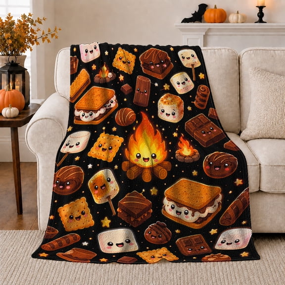 Cute Kawaii S'Mores Campfire decorative motif Theme, Rustic Camping Scene, Warm Flannel Blanket for Cabin and Lodge with Detailed Artwork, Outdoor Lovers Camping Gift, Fantasy Home Decor