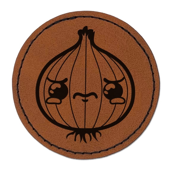 Cute Kawaii Sad Crying Onion 2.5" Faux Leather Round Engraved Iron-On Patch - Brown