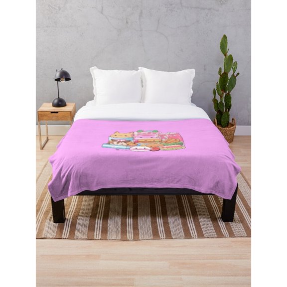 Cute Kawaii Sandwich and Snack Characters Pink Polyester Fleece Blanket, 280 GSM, Cozy Couch and Bed Accent