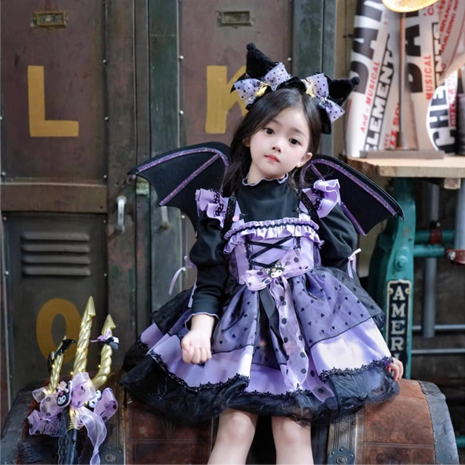 Cute Kawaii Sanrioed Kuromi Girls' Rita Princess Dress Autumn/winter Long  Sleeve Cos Dress Cartoon Wing Children's Dress 