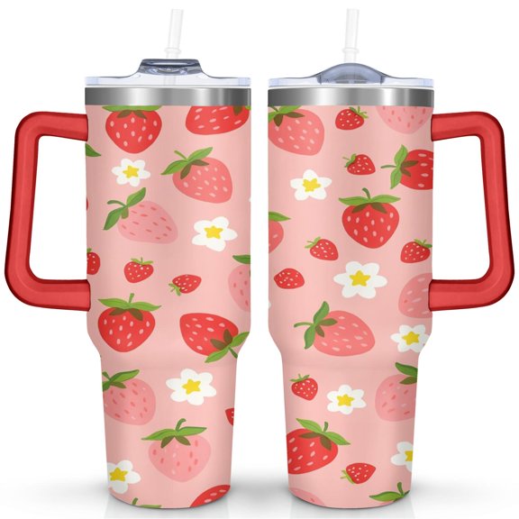 Cute Kawaii Strawberry 40oz Tumbler - Insulated Stainless Steel Cup with Straw - Sweet Berry & Flowers Design for Students