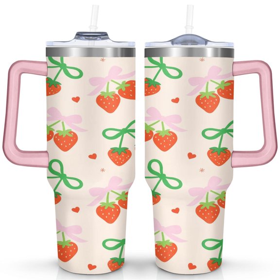 Cute Kawaii Strawberry 40oz Tumbler - Insulated Stainless Steel Cup with Straw - Sweet Berry & Flowers Design for Students