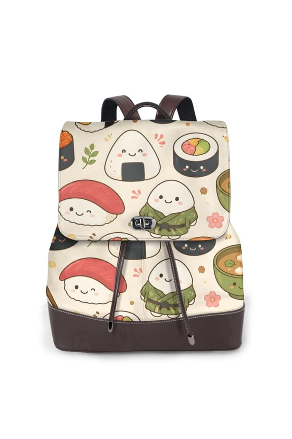 Cute Kawaii Sushi Women's Leather Backpack All-Over Print Bag for Work and Travel