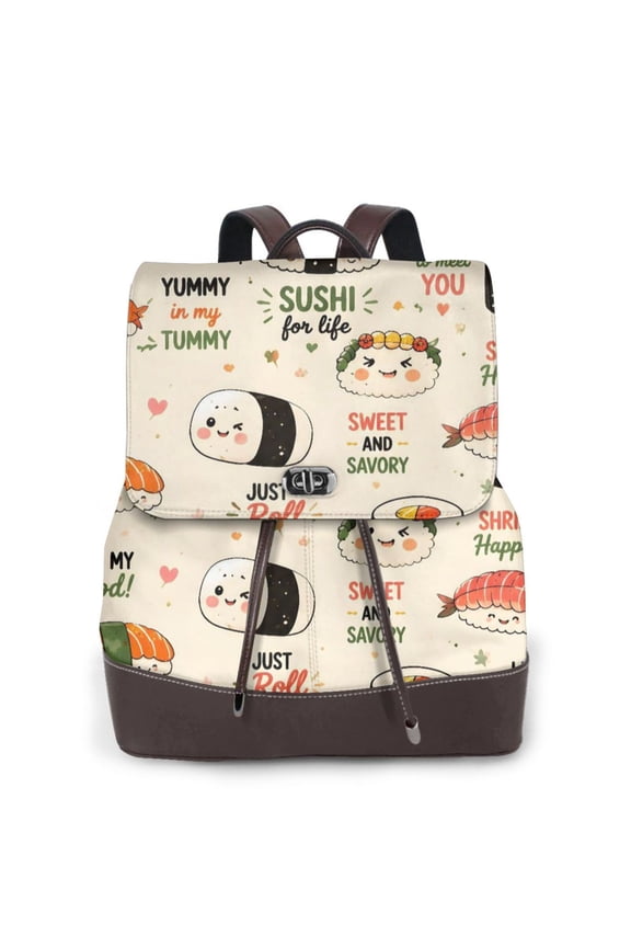 Cute Kawaii Sushi Women's Leather Backpack All-Over Print Bag for Work and Travel