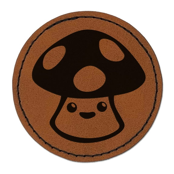 Cute Kawaii Toadstool Mushroom 2.5" Faux Leather Round Engraved Iron-On Patch - Brown