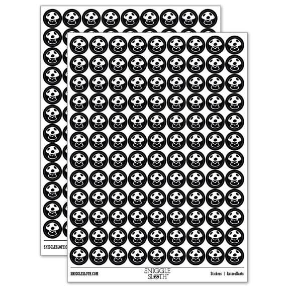 Cute Kawaii Toadstool Mushroom 200+ Round Stickers - Black - Gloss Finish - 0.50" Size