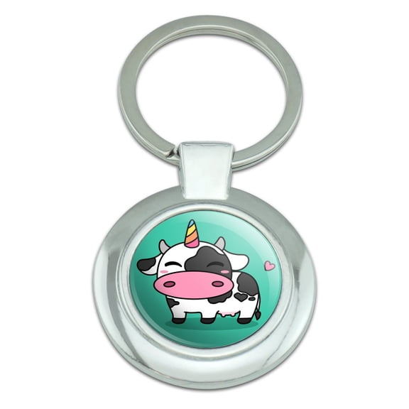 Cute Kawaii Unicorn Cow Keychain Classy Round Chrome Plated Metal
