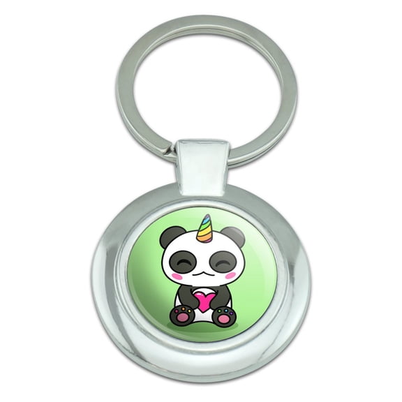 Cute Kawaii Unicorn Panda Holding Heart Keychain Classy Round Chrome Plated Metal