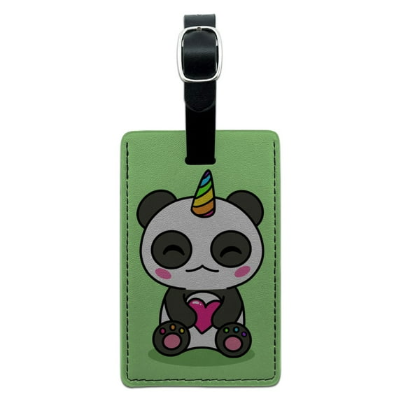 Cute Kawaii Unicorn Panda Holding Heart Rectangle Leather Luggage Card Suitcase Carry-On ID Tag