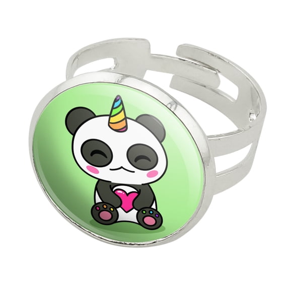 Cute Kawaii Unicorn Panda Holding Heart Silver Plated Adjustable Novelty Ring