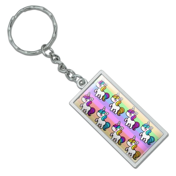 Cute Kawaii Unicorns Pattern Rectangle Keychain in Chrome Plated Metal