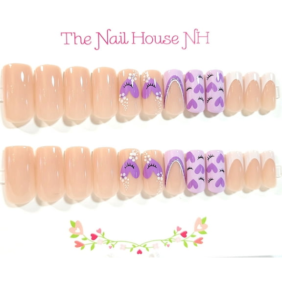 Cute Kawaii Wink And Hearts Glossy Medium Square Press On Nails - 24 Pieces - Artificial Nails