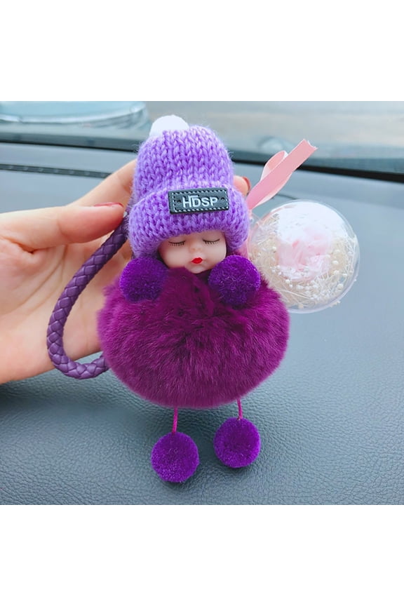 Cute Keychain, Lovely Simulation Doll with Immortal Rose, Artificial Fox Fur Baby Doll Pendant for Valentine's Day Gift, Purple