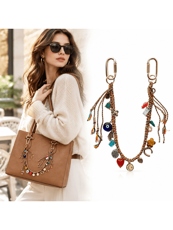 Bag Charms for Handbags, Beaded Braided Bag Charm Chain with Alloy, Glass and Stone Accents, Purse Charms and Purse Accessories for Women, 1 Piece