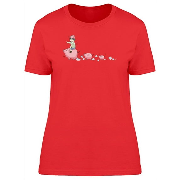 Cute Kid And Piggies Cartoon T-Shirt Women -Image by Shutterstock, Female Large
