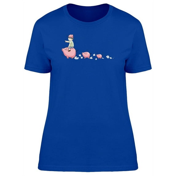 Cute Kid And Piggies Cartoon T-Shirt Women -Image by Shutterstock, Female XX-Large