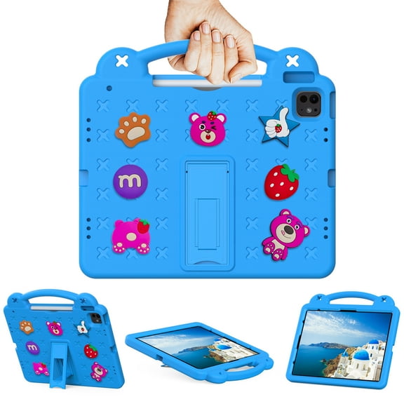 Cute Kids Case for Apple iPad Air 11 Inch M3 M2/ iPad Pro 11 Inch 2024, DIY Figures Design Kickstand EVA Lightweight Handle Case Shockproof Cover for iPad Air 11" 20252024/ Pro 11 2024, Skyblue