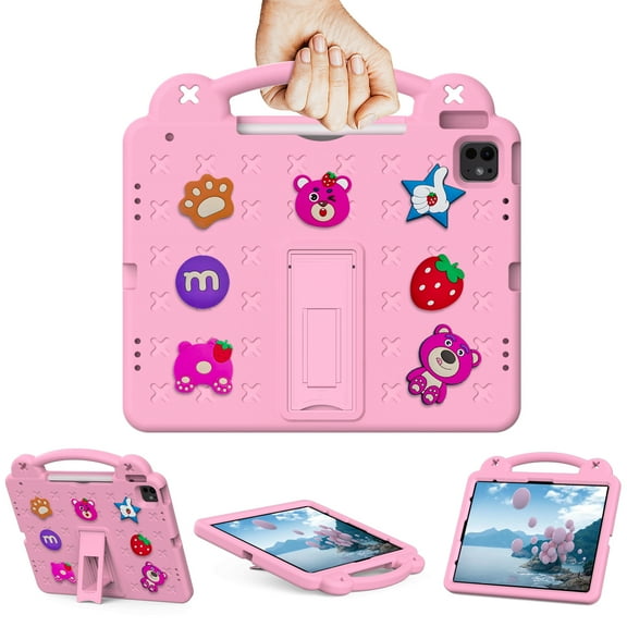 Cute Kids Case for Apple iPad Air 13 Inch/ iPad Pro 13 2024/ iPad Pro 12.9 2022/2021/2020/2018, DIY Figures Design Kickstand EVA Lightweight Handle Case Shockproof Cover, Pink