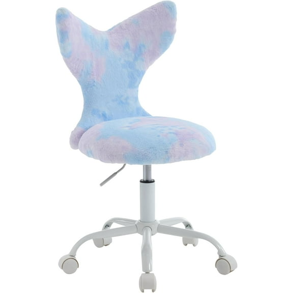 Cute Kids Desk Chair, Soft Fuzzy Computer Chair for Girls Teen Reading Study Adjustable Swivel Rolling Task Chair Vanity Chair with Back(Blue Rainbow)