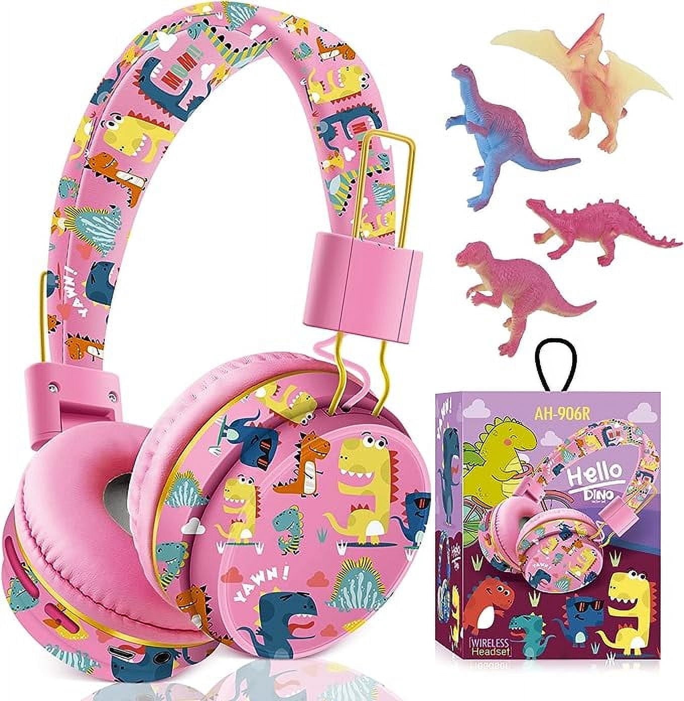 Cute Kids Headphones Wireless, Dinosaur Headphones Gifts for Girls, Childrens Bluetooth Headphones with Microphone, Toddler Headphone Over Ear for Age 2 up, Compatible with Fire Tablet (pink-dino)