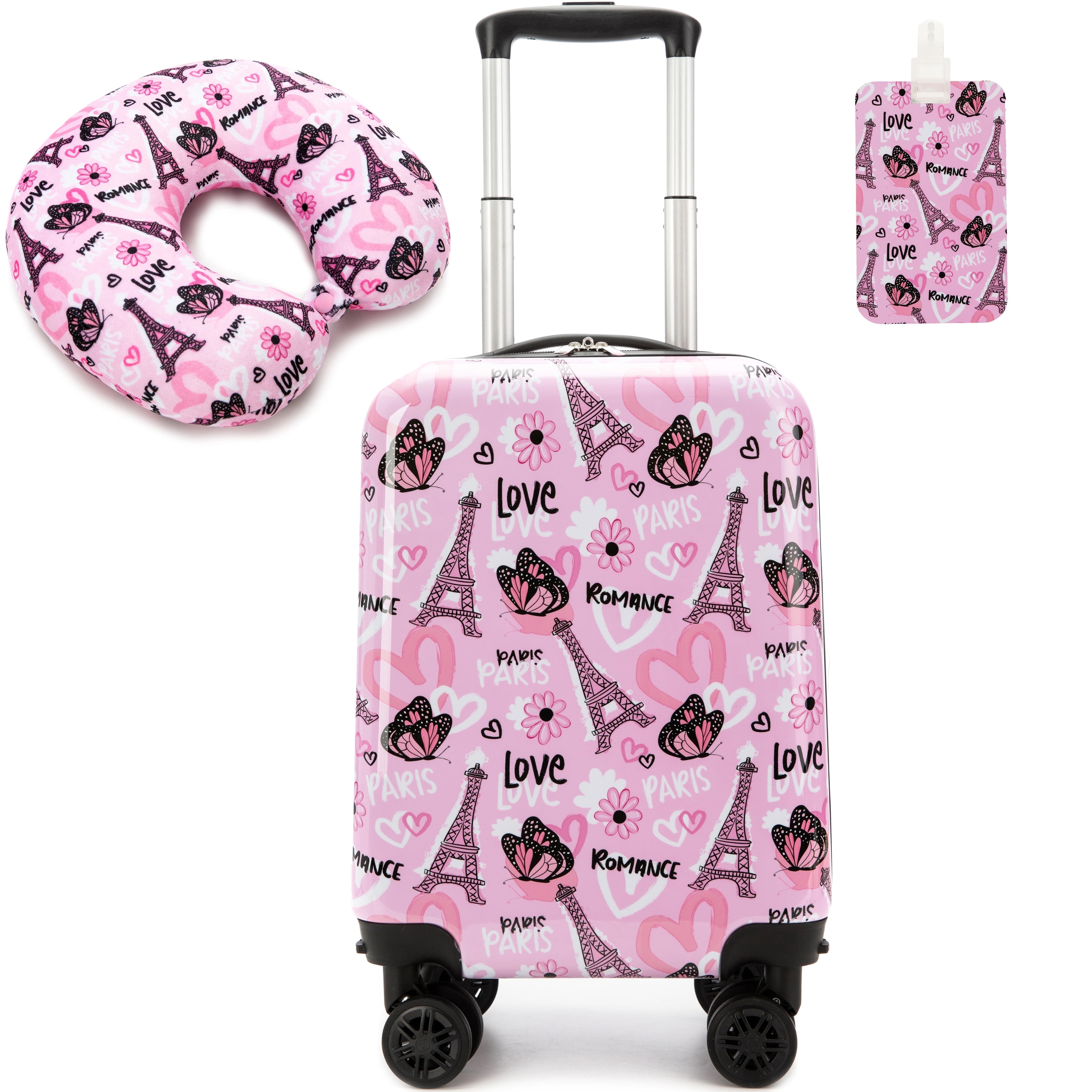 Cute Kids Luggage Sets with Neck Pillow Airplane Small Hardshell Suitcases for Girls with Wheels Pink Suitcase Toddler Travel Essential