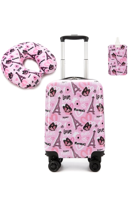 Cute Kids Luggage Sets with Neck Pillow Airplane Small Hardshell Suitcases for Girls with Wheels Pink Suitcase Toddler Travel Essential