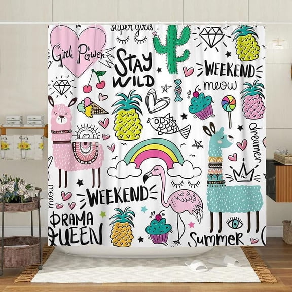 Cute Kids Shower Curtain, Rainbow Alpaca Colorful Cute Flamingo Pineapple Cactus for Bathroom Decoration Set, Girls White Funny Bathroom Shower Curtain with 12PCS Hooks, 70X70IN