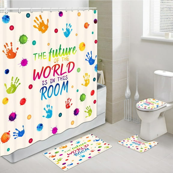 Cute Kids Shower Curtain Set, Motivational Lettering Positive Saying Shower Curtain with Non-Slip Rugs, Toilet Lid Cover and Bath Mat, Bathroom Sets Decorations