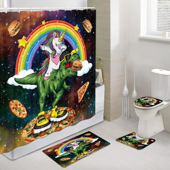 Cute Kids Shower Curtain Sets with Non-Slip Rug Cool Unicorn Riding Dinosaur Shower Curtain Set for Kids, Unicor Bathroom Decor for Kids