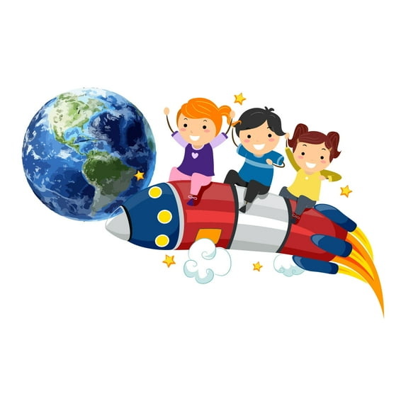 Cute Kids Space on Rocket vinyl Wall DecorWall Decal Decoration Adventurous Space Cartoon Rocket Decorating Ideas for Child's Bedroom Size: 30 In(W) x 18 In(H)