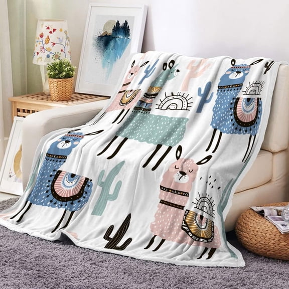 Cute Kids Throw Blanket, Boho Llama Alpaca Cactus Decor Warm Cozy Bed Couch Blanket, Super Soft Microfiber Flannel Blankets and Throws for Sofa Bedding Living Room 50x60 Inches