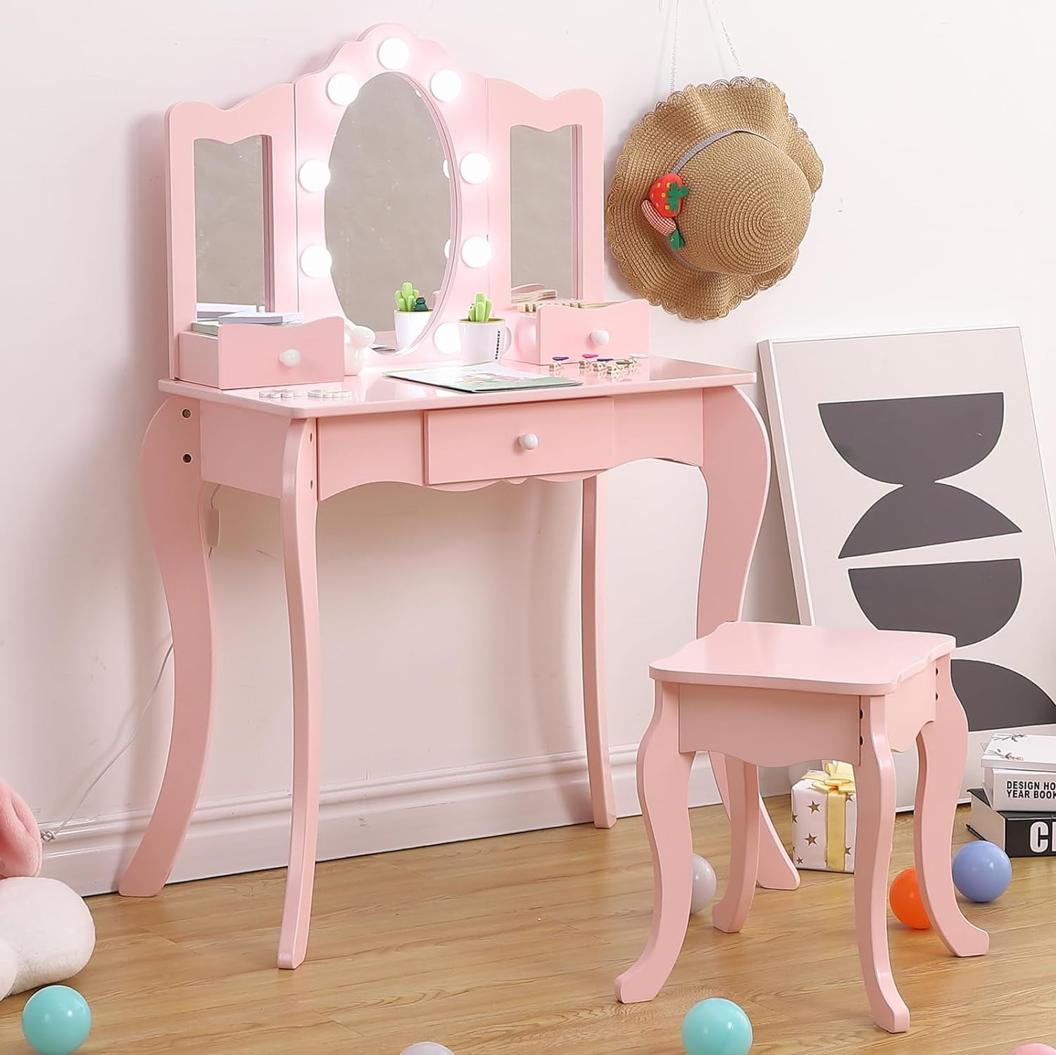 Cute Kids Vanity, Crown Themed Toddler Dressing Makeup Table and Chair Set w/Drawer & Tri