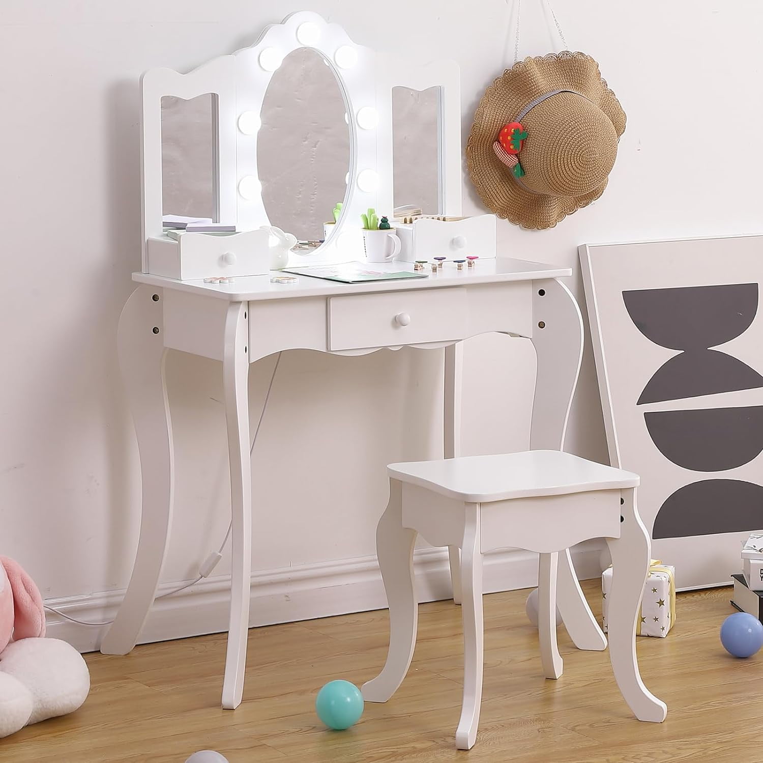 Cute Kids Vanity, Crown Themed Toddler Dressing Makeup Table and Chair