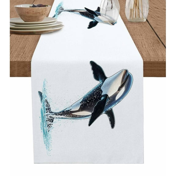 Cute Killer Whale Burlap Cotton Table Runner 13x48 Inches Long, Orca Animal Ocean Retro Artwork Farmhouse Table Runners, Outdoor Dining Tablecloths Decor for Baby Shower/Party/Wedding