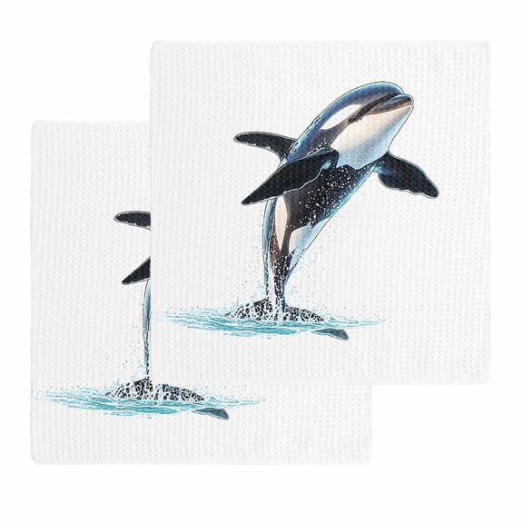 Cute Killer Whale Dish Towels Set, Waffle Weave Kitchen Towels 2 Pieces, Orca Animal Ocean Retro Artwork Microfiber Hair Face Bath Tea Towel Absorbent Quick Drying Cleaning Dish Cloths, 12"x12"