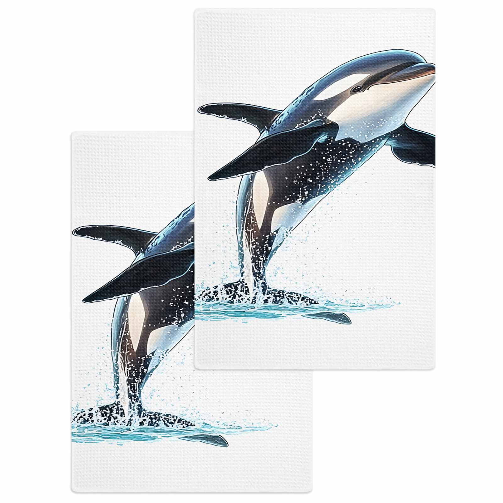 Cute Killer Whale Hand Towels Set, Waffle Weave Kitchen Towels 2 Pieces, Orca Animal Ocean Retro Artwork Microfiber Hair Face Bath Tea Towel Absorbent Quick Drying Cleaning Dish Cloths, 15.7"x23.6"