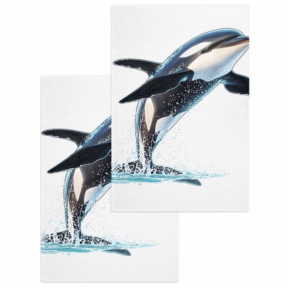 Cute Killer Whale Hand Towels Set, Waffle Weave Kitchen Towels 2 Pieces, Orca Animal Ocean Retro Artwork Microfiber Hair Face Bath Tea Towel Absorbent Quick Drying Cleaning Dish Cloths, 15.7"x23.6"