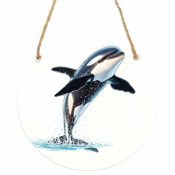 Cute Killer Whale Round Front Door Welcome Sign, 7.8 Inch Wall Hanging Decor for Indoor Outdoor, Orca Animal Ocean Retro Artwork Home Porch Hanger Decorations for Holiday Gift
